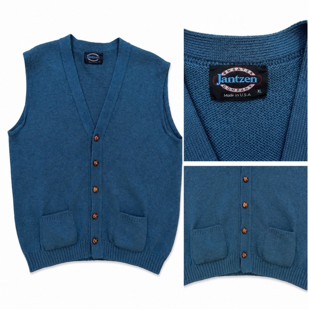 Vintage Jantzen Sweater Vest XL Blue V Neck Button Front Knit USA Made Mens